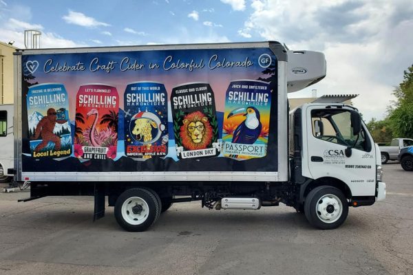 Beverage products being advertised on a vehicle wrap